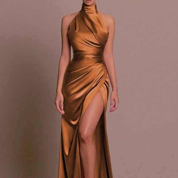 Orange Sexy Women's Sleeveless Plunging Neck Split Hem Bodycon Dress - Picture 1 of 4